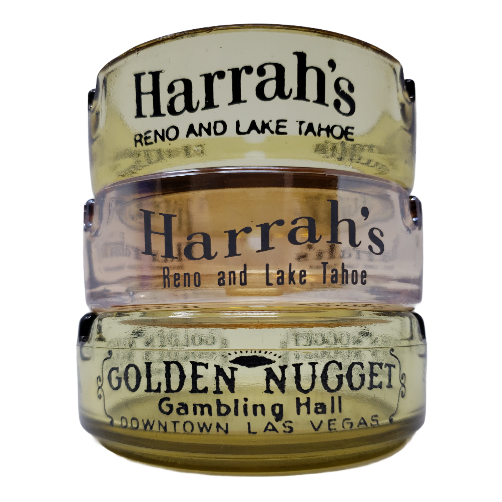 Vintage (1) Golden Nugget Las Vegas & (2) Harrah's Reno Amber Ashtrays 3.5